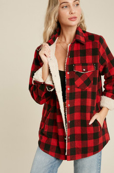 Shacket, Jacket Buffalo Plaid Sherpa Lined Red 2 Pockets Shacket, Jacket Buffalo Plaid Sherpa Lined Red 2 Pockets