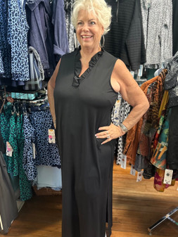 LuLu B Maxi Black Ruffle Neck Dress, Sleeveless Coolant Fabric LuLu B 