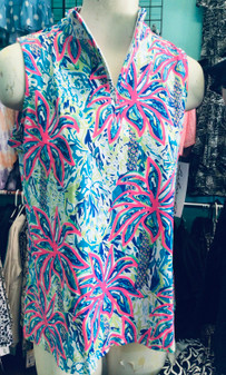 LuLu B Top, Sleeveless 1/4 Zip Pink Palm SPF 50 Coolant Fabric LuLu B 