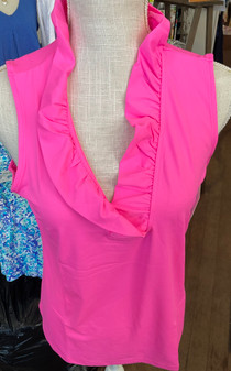 Top, Sleeveless Ruffle Neck Hot Pink  SPF50 Coolant Fabric LuLu B  Top, Sleeveless Ruffle Neck Hot Pink  SPF50 Coolant Fabric LuLu B