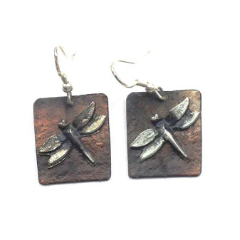 Earrings, Dragonflies Coppertone Square