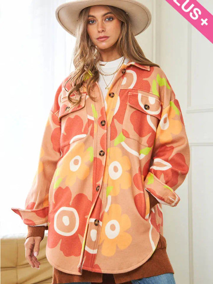 50% off at checkout Shacket Shirt Flannel Retro Flower Orange  2 Pockets