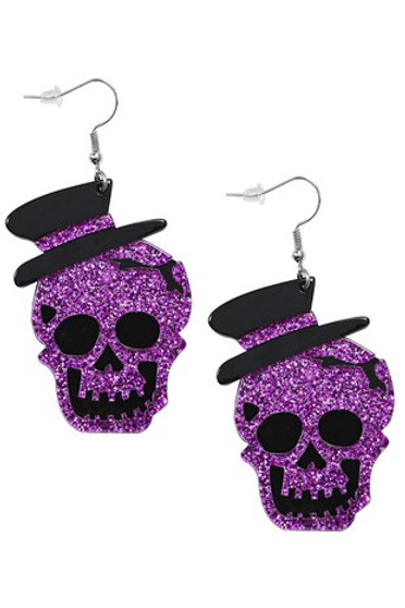Earrings, Skull Halloween Purple Top Hat