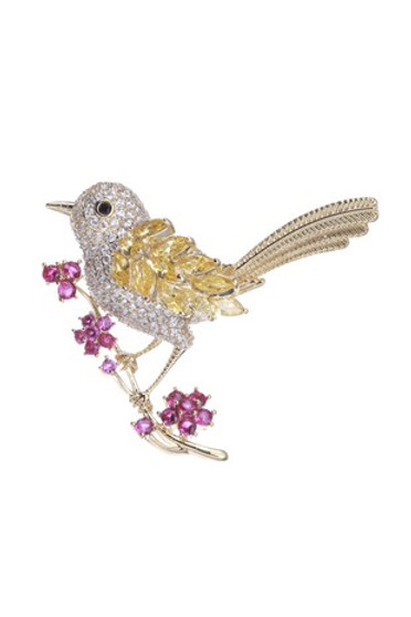Pin, Brooch Bird Cubic Zirconia Yellow Clear Pin, Brooch Bird Cubic Zirconia Yellow Clear