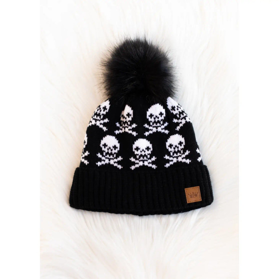 Beanie, Pom Skulls Fleece Lined Black