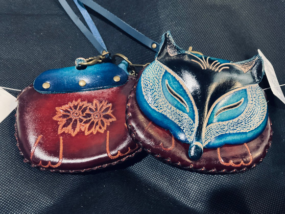 Purse, Leather Coin Purse Wristlet Blue Fox Leather