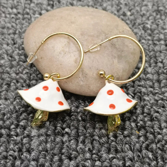 Earrings, Mushroom White Red Enamel 