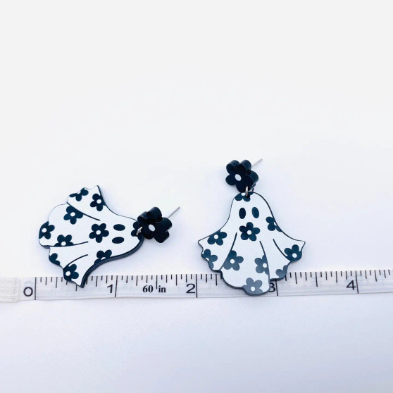 Earrings Ghost Flowers Halloween Acrylic White Black 