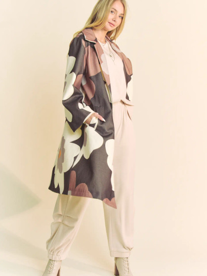 Coat, Retro Floral Open Front Pockets Brown Coat, Retro Floral Open Front Pockets Brown