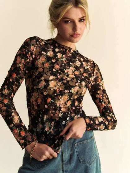 Top, Mesh Black Mesh Lace Floral Orange Tangerine