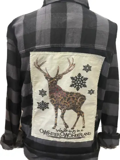 2x LEFT, runs Small Flannel, Shirt Plaid Walking In A Winter Wonderland Stag Buck Black Grey