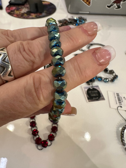 Bracelet, Stretch Faceted Glass Bead Greens Iridescent  Bracelet, Stretch Faceted Glass Bead Greens Iridescent