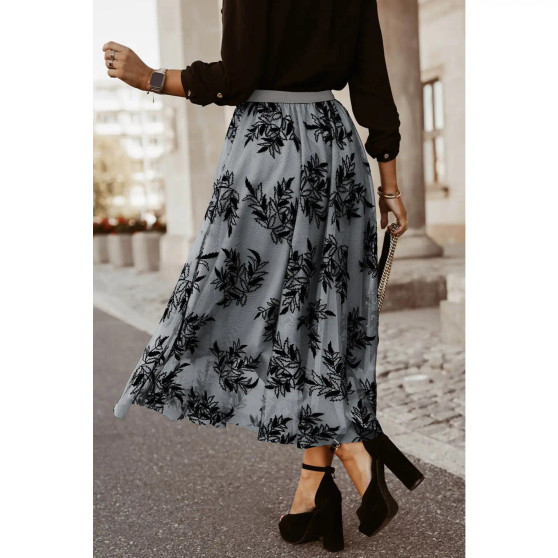 Skirt, Embroidery Tulle Grey With Black Detail