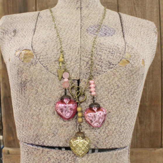 Necklace, Hearts 3 Retro Old Gold Pink Ivory Valentines Galentines