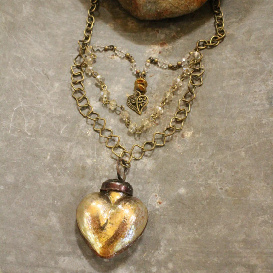 Necklace, Heart Mercury Glass Gold Brass Valentines Galantines Necklace, Heart Mercury Glass Gold Brass Valentines Galantines