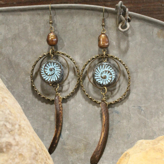 Earrings, Tribal Czech Fossil Stone Earrings, Tribal Czech Fossil Stone