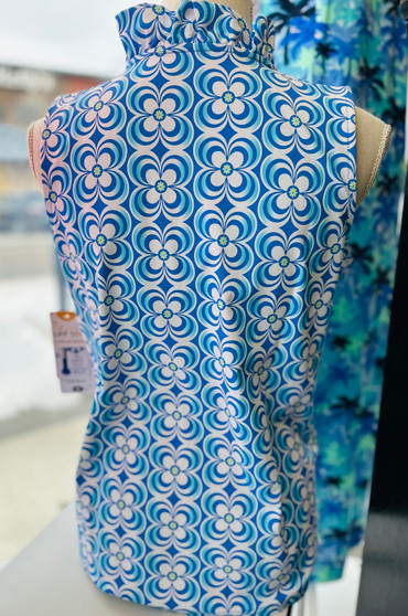 Top, Ruffle Neck Coolant Fabric SPF 50 LuLu B Blue Retro Flower Burst