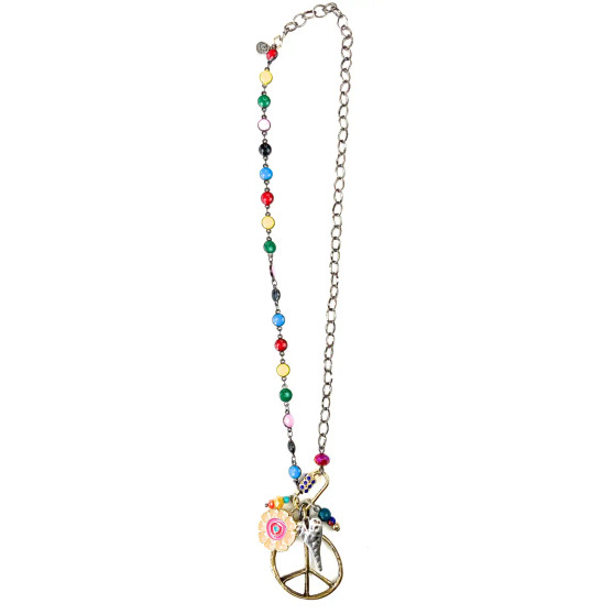 Necklace, Peace Sign Multi Charm Glass Beads 60’s Woodstock Hippue
