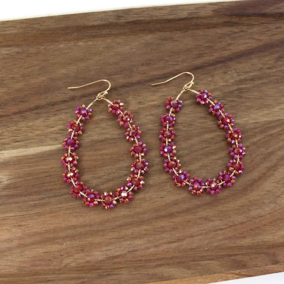 Earrings, Glass Beaded Flower Daisy Wine