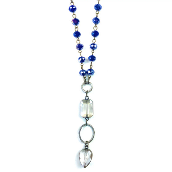 Necklace, Glass Beads Clear Pendant Drop Navy Blue