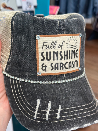 Baseball Trucker Cap, Full Of Sunshine & Sarcasm Distressed Bling Rhinestones Baseball Trucker Cap, Full Of Sunshine & Sarcasm Distressed Bling Rhinestones