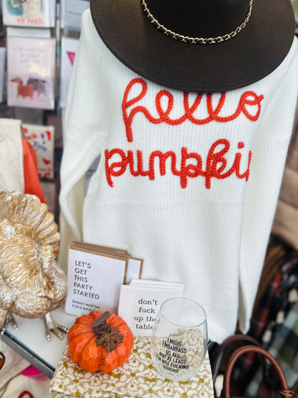 Hello Pumpkin Embroidered Knit Sweater in Off White