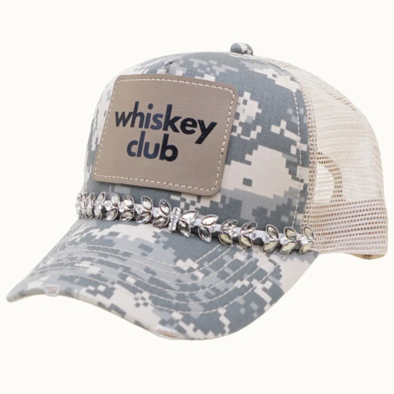 Baseball Trucker Cap, Bejeweled Rhinestone Camo Whiskey Adjustable