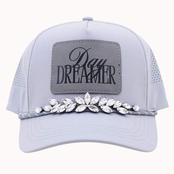 Baseball Trucker Cap, Bejeweled Rhinestone Day Dreamer Patch Grey Baseball Trucker Cap, Bejeweled Rhinestone Day Dreamer Patch Grey