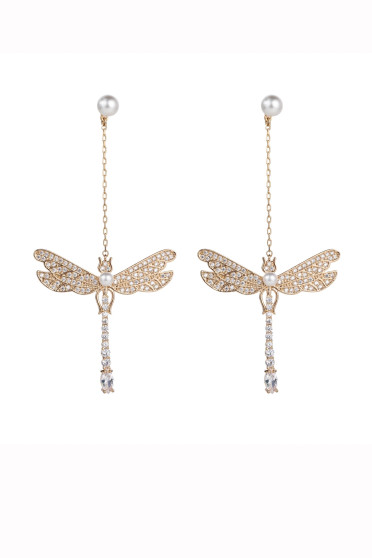 Earrings, Dragonfly 18k Gold Plated Cubic Zirconia CZ Crystals Rhinestones