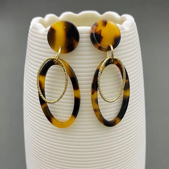 Earrings Double Resin Ring Brown Gold 