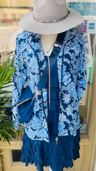 LuLu B Beachtime Jacket Navy Blue Flower Moisture Wicking UPF 50