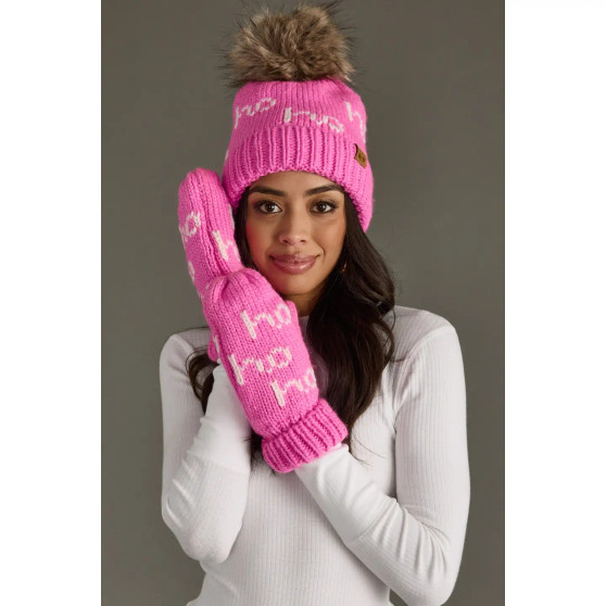Beanie Hat w/Pom Fleece Lined By Panache Pink Ho Ho Ho Christmas