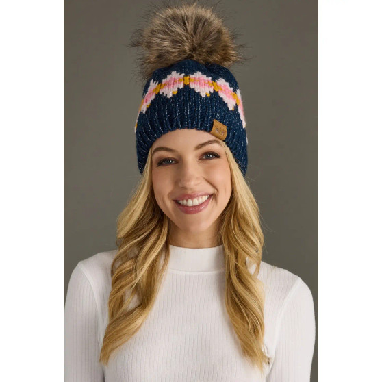 Beanie Hat w/Pom Fleece Lined by Panache Navy Orange