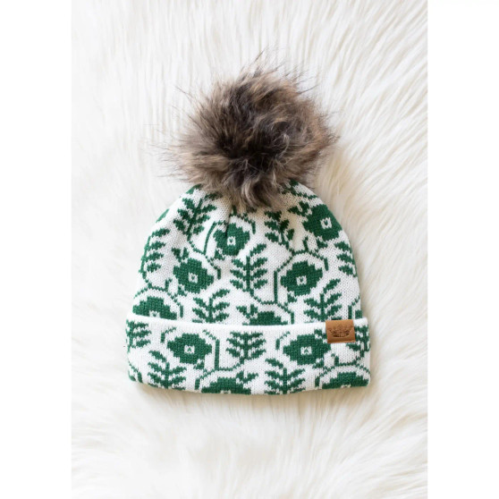Beanie Fleece Lined w/Pom Green & White by Panache