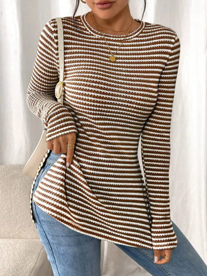 Top Striped Scoop Neck Brown Stripe