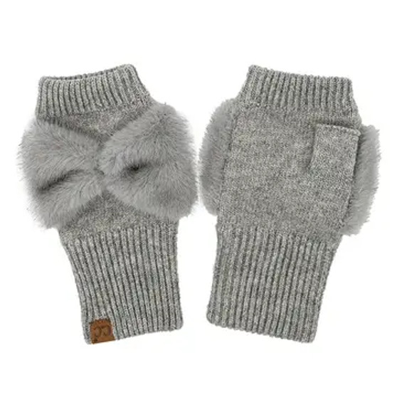 Gloves CC Fingerless W/ Faux Fur Bow Grey