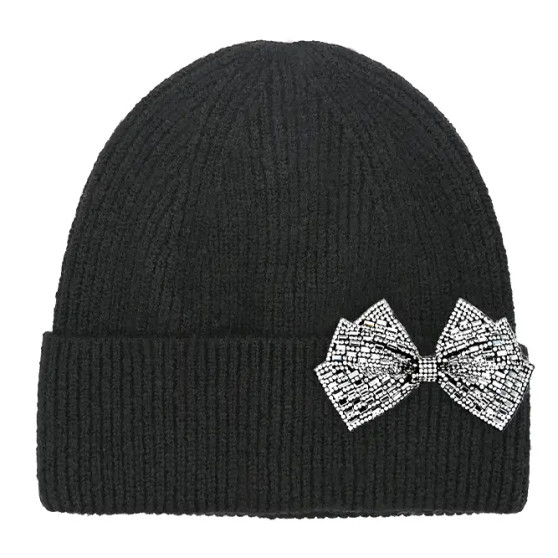 Beanie Winter Hat CC Rhinestone Bow Black