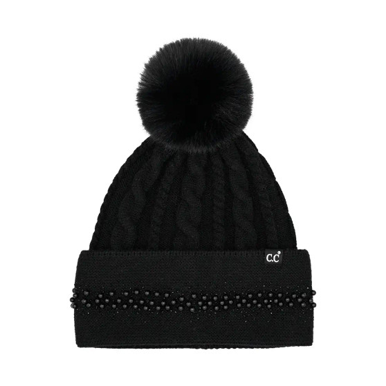 Beanie Pom Pearl Rhinestone CC Winter Hat Black
