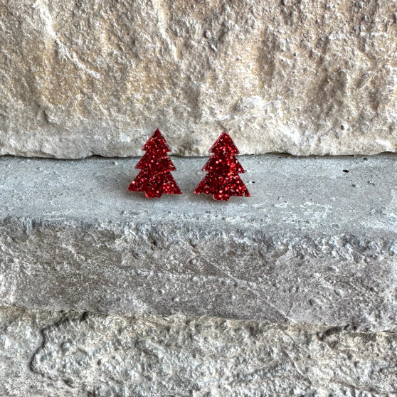 Christmas Tree Stud Red Glitter Earrings