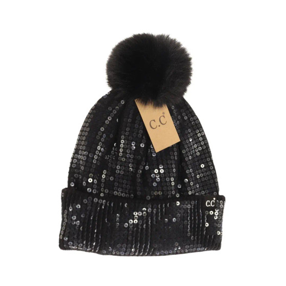 Beanie Pom Fleece Lined Sequins Black CC Brand