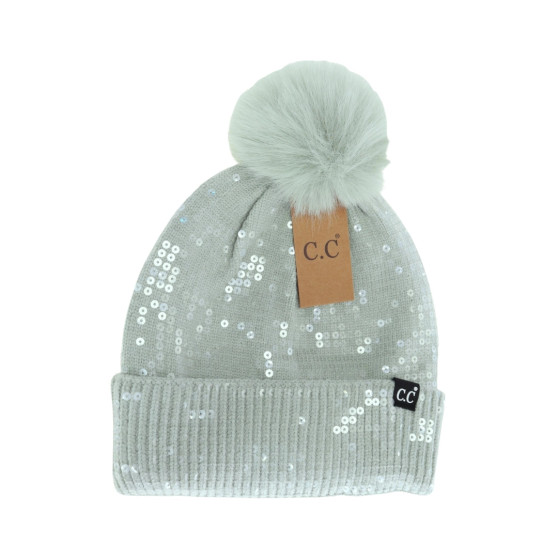 Beanie Pom Fleece Lined Sequins Mint Winter Hat