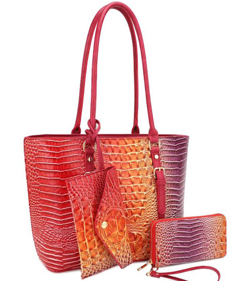 Purse Tote 3 Piece Gradient Fuchsia Orange  Purse Tote 3 Piece Gradient Fuchsia Orange