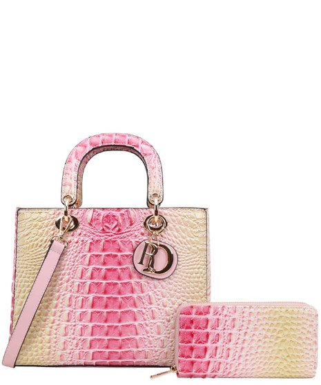 Purse Satchel Shoulder Embossed Crocodile 2 Piece Wallet Detachable Strap