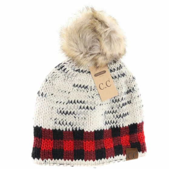 Beanie Winter Hat Pom Heather Grey Red Black Buffalo Check Plaid Beanie Winter Hat Pom Heather Grey Red Black Buffalo Check Plaid