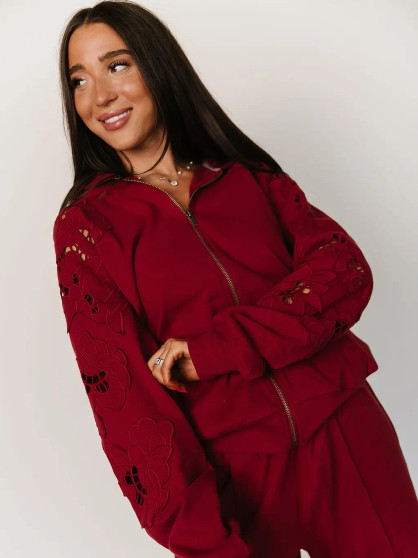 Sweatshirt Hooded Embroidery Cut Out Detail Full Zip Crimson Red