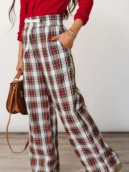 Ampersand Lounge Pants Plaid White Tie Elastic Waist