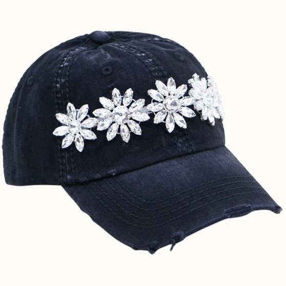 Baseball Trucker Cap 4 Rhinestone Flower Bejeweled All Black
