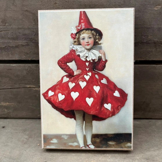 Valentines Wood Block Art Vintage Girl Heart Red Dress