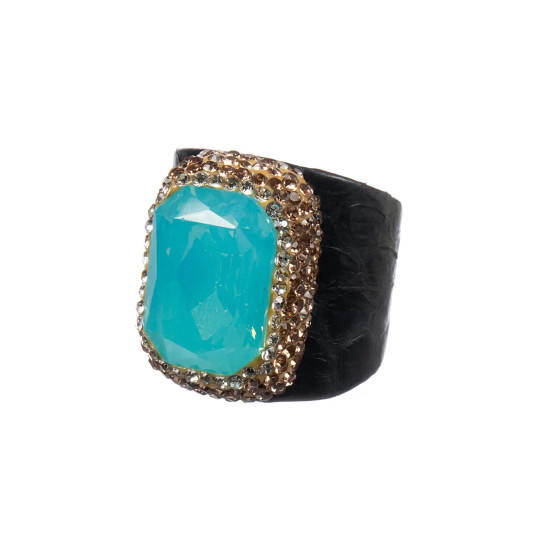 Leather Blue Opal Rhinestone Ring