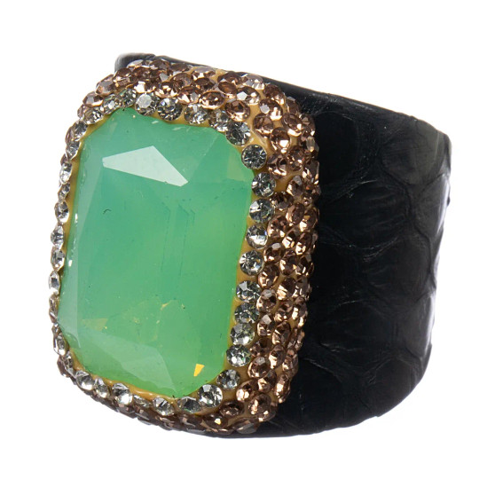 Opal Green Rhinestone Leather Ring 